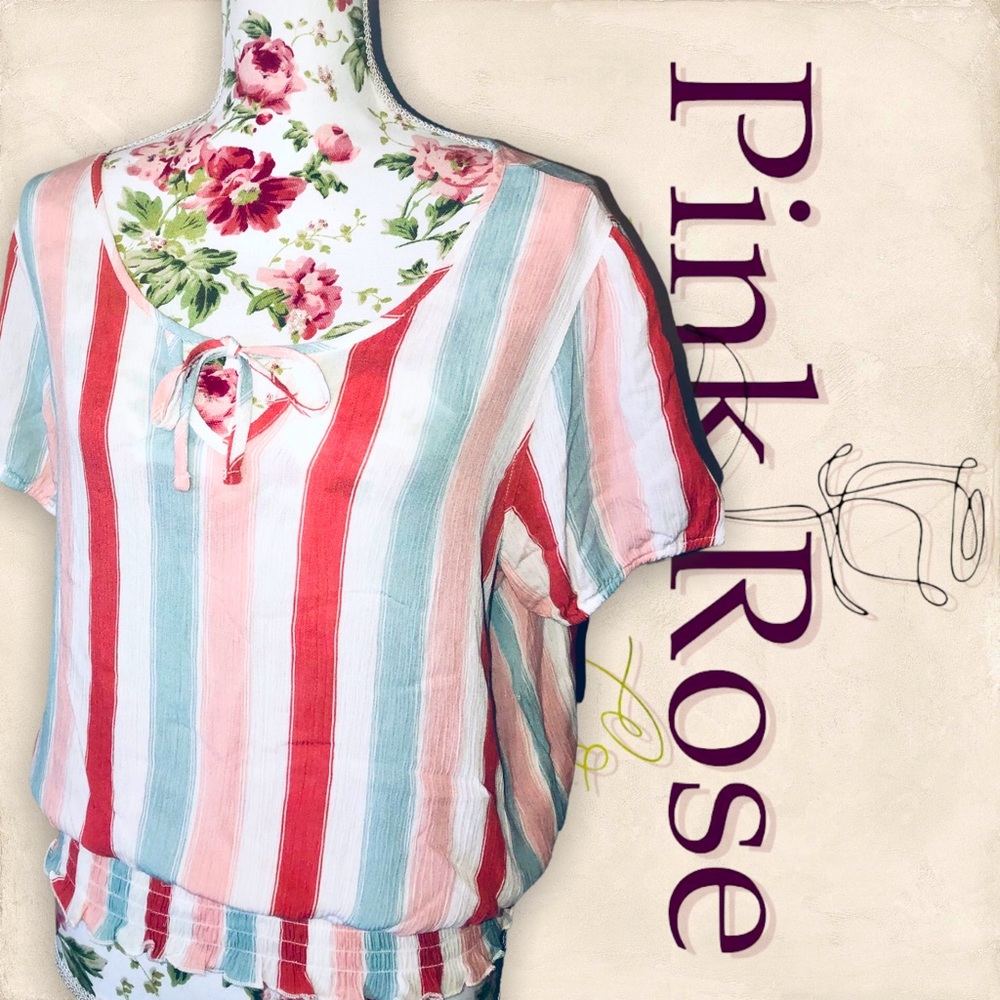 Pink Rose Short sleeved Striped Blouse Sz Large